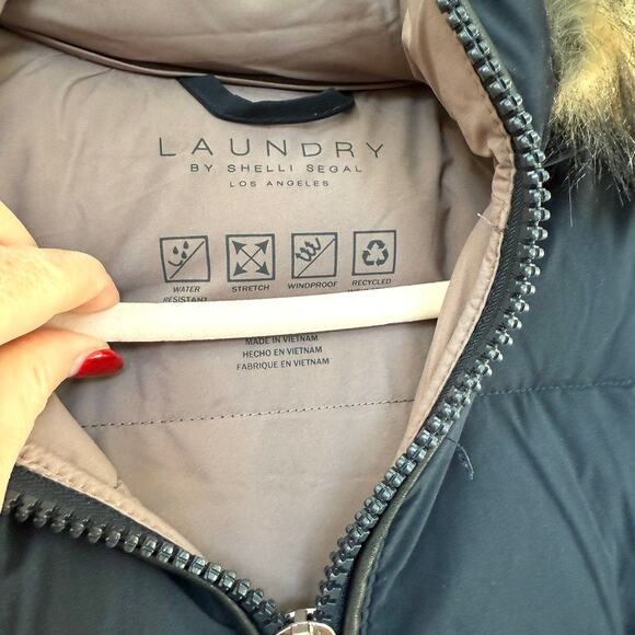 Laundry by Shelli Segal Puffer Coat Navy Faux Fur Hood Women's M Water Resistant - Picture 4 of 6